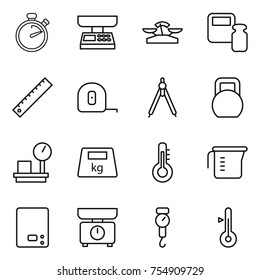 thin line icon set : stopwatch, market scales, weight, ruler, measuring tape, drawing compasses, heavy, warehouse, thermometer, cup, kitchen, handle