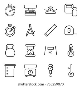 thin line icon set : stopwatch, market scales, weight, draw compass, ruler, measuring tape, heavy, sand clock, thermometer, cup, kitchen, handle