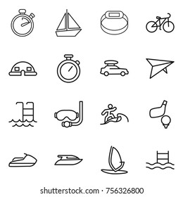Thin line icon set : stopwatch, boat, smart bracelet, bike, dome house, car baggage, deltaplane, pool, diving mask, surfer, golf, jet ski, yacht, windsurfing