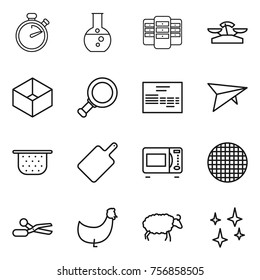 Thin line icon set : stopwatch, round flask, server, scales, box, magnifier, invoice, deltaplane, colander, cutting board, microwave oven, sieve, scissors, chicken, sheep, shining