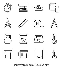 Thin line icon set : stopwatch, market scales, weight, draw compass, ruler, measuring tape, drawing compasses, heavy, sand clock, thermometer, cup, kitchen