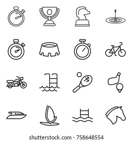Thin line icon set : stopwatch, trophy, chess horse, target, stadium, bike, motorcycle, pool, tennis, golf, yacht, windsurfing