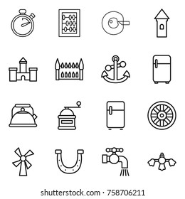 Thin line icon set : stopwatch, abacus, cell corection, tower, castle, gothic architecture, anchor, fridge, kettle, hand mill, wheel, windmill, horseshoe, water tap, hard reach place cleaning