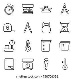 Thin line icon set : stopwatch, market scales, draw compass, measuring tape, drawing compasses, heavy, sand clock, warehouse, thermometer, cup, kitchen, handle