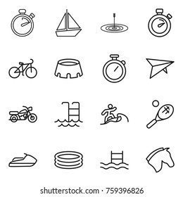 Thin line icon set : stopwatch, boat, target, bike, stadium, deltaplane, motorcycle, pool, surfer, tennis, jet ski, inflatable, horse