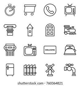 Thin line icon set : stopwatch, delivery, phone, tv, column, tower, arch window, train, antique, welcome mat, kettle, fridge, fence, windmill, water tap