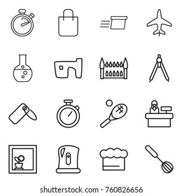 Thin line icon set : stopwatch, shopping bag, delivery, plane, round flask, slum, gothic architecture, drawing compasses, label, tennis, reception, flower in window, kettle, chief hat, whisk