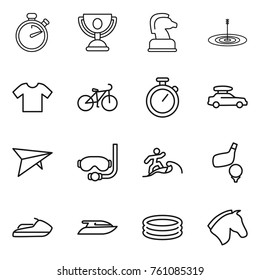 Thin line icon set : stopwatch, trophy, chess horse, target, t shirt, bike, car baggage, deltaplane, diving mask, surfer, golf, jet ski, yacht, inflatable pool