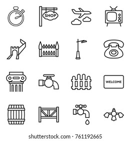 Thin line icon set : stopwatch, shop signboard, journey, tv, greate wall, gothic architecture, outdoor light, phone, antique column, water tap, fence, welcome mat, barrel, farm