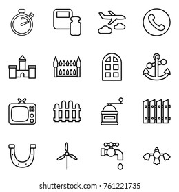 Thin line icon set : stopwatch, scales weight, journey, phone, castle, gothic architecture, arch window, anchor, tv, fence, hand mill, horseshoe, windmill, water tap, hard reach place cleaning
