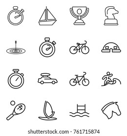 Thin line icon set : stopwatch, boat, trophy, chess horse, target, bike, dome house, car baggage, surfer, tennis, windsurfing, pool