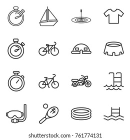 Thin line icon set : stopwatch, boat, target, t shirt, bike, dome house, stadium, motorcycle, pool, diving mask, tennis, inflatable