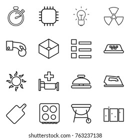 Thin line icon set : stopwatch, chip, bulb, nuclear, hand coin, box, list, taxi, sun, hospital, service bell, iron, cutting board, hob, bbq, clean window