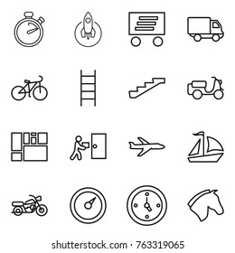 Thin line icon set : stopwatch, rocket, delivery, bike, stairs, scooter shipping, consolidated cargo, courier, plane, sail boat, motorcycle, barometer, watch, horse
