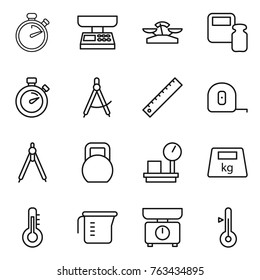 Thin line icon set : stopwatch, market scales, weight, draw compass, ruler, measuring tape, drawing compasses, heavy, warehouse, thermometer, cup, kitchen