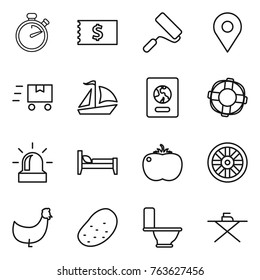 Thin line icon set : stopwatch, receipt, repair, geo pin, fast deliver, sail boat, passport, lifebuoy, alarm, bed, tomato, wheel, chicken, potato, toilet, iron board