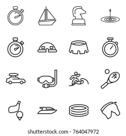 Thin line icon set : stopwatch, boat, chess horse, target, dome house, stadium, car baggage, diving mask, surfer, tennis, golf, yacht, inflatable pool