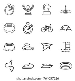 Thin line icon set : stopwatch, trophy, chess horse, target, smart bracelet, bike, dome house, stadium, car baggage, deltaplane, pool, golf, jet ski, yacht, inflatable