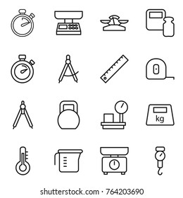 Thin line icon set : stopwatch, market scales, weight, draw compass, ruler, measuring tape, drawing compasses, heavy, warehouse, thermometer, cup, kitchen, handle
