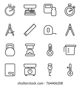 Thin line icon set : stopwatch, market scales, weight, draw compass, ruler, measuring tape, drawing compasses, heavy, sand clock, thermometer, cup, kitchen, handle