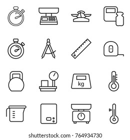 Thin line icon set : stopwatch, market scales, weight, draw compass, ruler, measuring tape, heavy, warehouse, thermometer, cup, kitchen