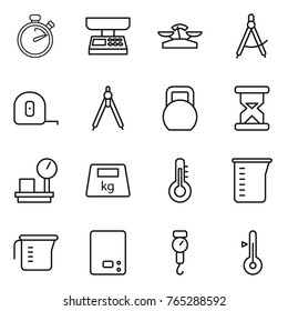 Thin line icon set : stopwatch, market scales, draw compass, measuring tape, drawing compasses, heavy, sand clock, warehouse, thermometer, cup, kitchen, handle