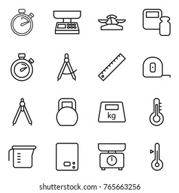 Thin line icon set : stopwatch, market scales, weight, draw compass, ruler, measuring tape, drawing compasses, heavy, thermometer, cup, kitchen