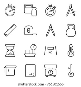 Thin line icon set : stopwatch, scales weight, draw compass, ruler, measuring tape, drawing compasses, heavy, sand clock, warehouse, thermometer, cup, kitchen