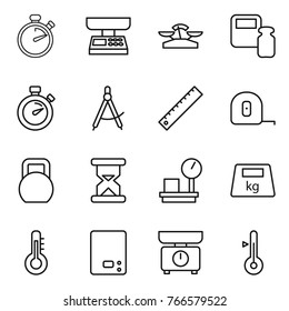 Thin line icon set : stopwatch, market scales, weight, draw compass, ruler, measuring tape, heavy, sand clock, warehouse, thermometer, kitchen