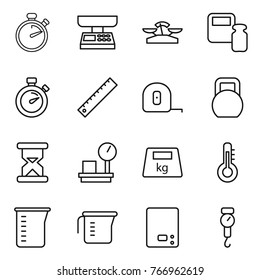 Thin line icon set : stopwatch, market scales, weight, ruler, measuring tape, heavy, sand clock, warehouse, thermometer, cup, kitchen, handle