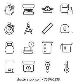Thin line icon set : stopwatch, market scales, weight, draw compass, ruler, measuring tape, heavy, warehouse, cup, kitchen, handle, thermometer