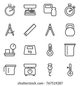 Thin line icon set : stopwatch, market scales, weight, draw compass, ruler, drawing compasses, heavy, warehouse, thermometer, measuring cup, kitchen, handle