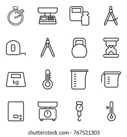 Thin line icon set : stopwatch, market scales, weight, draw compass, measuring tape, drawing compasses, heavy, sand clock, thermometer, cup, kitchen, handle