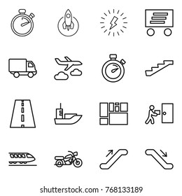 Thin line icon set : stopwatch, rocket, lightning, delivery, journey, stairs, road, sea shipping, consolidated cargo, courier, train, motorcycle, escalator