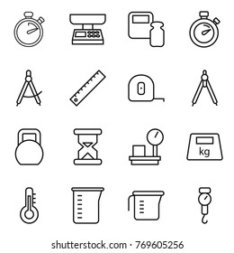 Thin line icon set : stopwatch, market scales, weight, draw compass, ruler, measuring tape, drawing compasses, heavy, sand clock, warehouse, thermometer, cup, handle