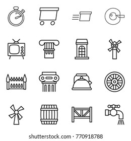Thin line icon set : stopwatch, delivery, cell corection, tv, column, building, windmill, gothic architecture, antique, kettle, wheel, barrel, farm fence, water tap
