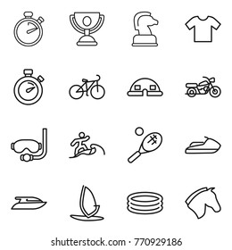 Thin line icon set : stopwatch, trophy, chess horse, t shirt, bike, dome house, motorcycle, diving mask, surfer, tennis, jet ski, yacht, windsurfing, inflatable pool