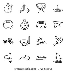 Thin line icon set : stopwatch, boat, trophy, target, smart bracelet, stadium, deltaplane, motorcycle, diving mask, surfer, tennis, golf, jet ski, yacht, windsurfing