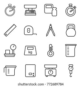 Thin line icon set : stopwatch, market scales, weight, ruler, measuring tape, drawing compasses, heavy, warehouse, thermometer, cup, kitchen, handle