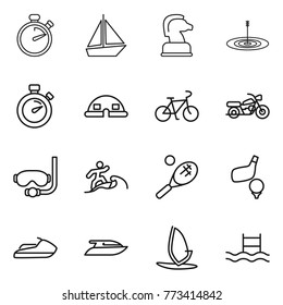 Thin line icon set : stopwatch, boat, chess horse, target, dome house, bike, motorcycle, diving mask, surfer, tennis, golf, jet ski, yacht, windsurfing, pool