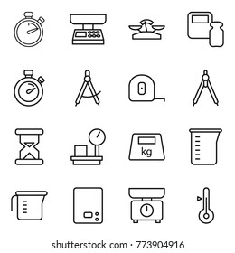 Thin line icon set : stopwatch, market scales, weight, draw compass, measuring tape, drawing compasses, sand clock, warehouse, heavy, cup, kitchen, thermometer