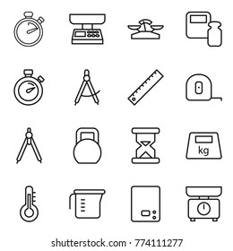 Thin line icon set : stopwatch, market scales, weight, draw compass, ruler, measuring tape, drawing compasses, heavy, sand clock, thermometer, cup, kitchen