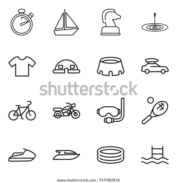 thin line icon set :
stopwatch, boat, chess horse, target, t shirt, dome house, stadium,
car baggage, bike, motorcycle, diving mask, tennis, jet ski, yacht,
inflatable pool