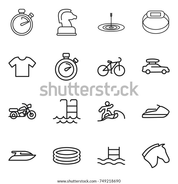 thin line icon set : stopwatch, chess horse,\
target, smart bracelet, t shirt, bike, car baggage, motorcycle,\
pool, surfer, jet ski, yacht,\
inflatable