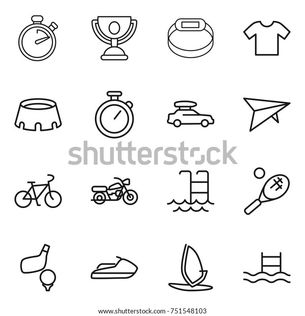 thin line icon set :\
stopwatch, trophy, smart bracelet, t shirt, stadium, car baggage,\
deltaplane, bike, motorcycle, pool, tennis, golf, jet ski,\
windsurfing