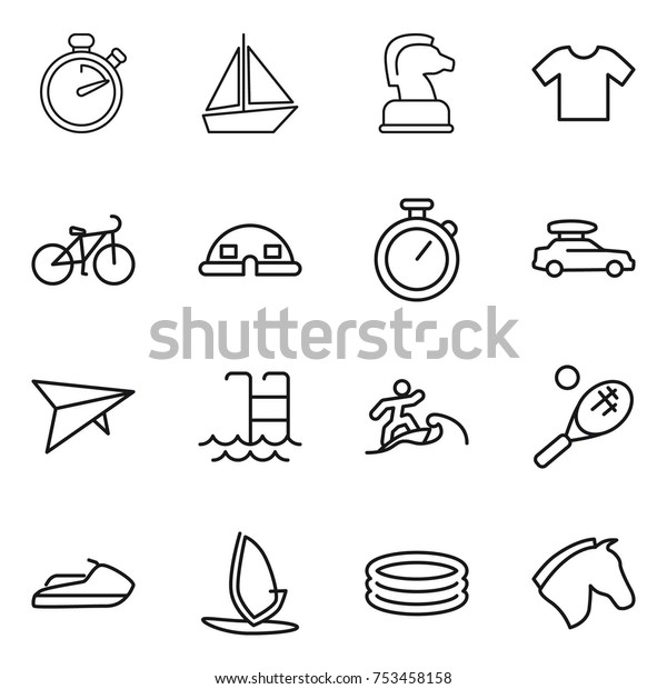 thin line icon set : stopwatch,\
boat, chess horse, t shirt, bike, dome house, car baggage,\
deltaplane, pool, surfer, tennis, jet ski, windsurfing,\
inflatable