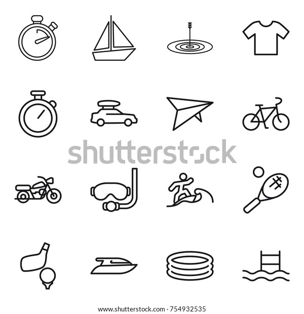 thin line icon set : stopwatch,\
boat, target, t shirt, car baggage, deltaplane, bike, motorcycle,\
diving mask, surfer, tennis, golf, yacht, inflatable\
pool