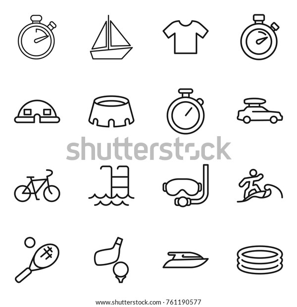 Thin line icon set : stopwatch, boat, t shirt,\
dome house, stadium, car baggage, bike, pool, diving mask, surfer,\
tennis, golf, yacht,\
inflatable