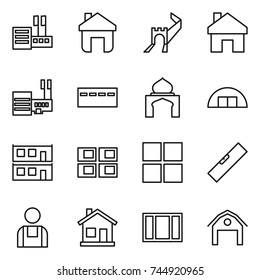 thin line icon set : store, home, greate wall, mall, bunker, minaret, hangare, modular house, panel, window, level, workman, barn