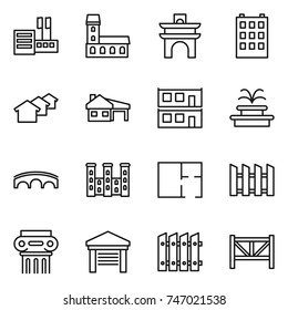 thin line icon set : store, mansion, arch, building, houses, house with garage, modular, fountain, bridge, palace, plan, fence, antique column, farm